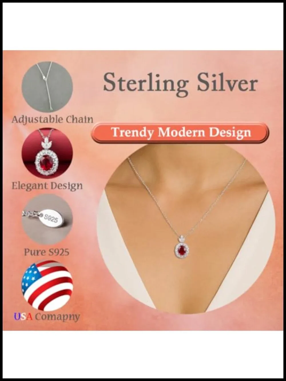 Platinum-Coated 925 Sterling Silver Pendant Necklace with Simulated Ruby